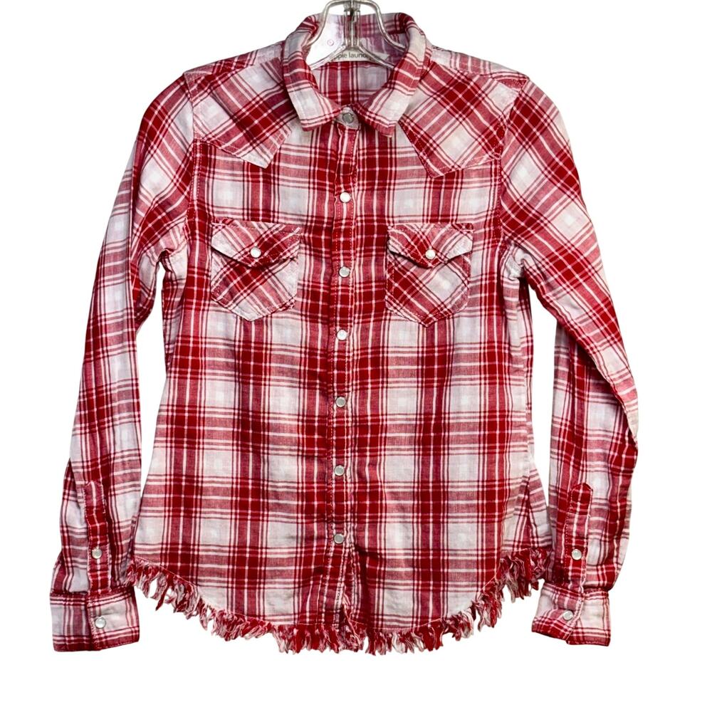 Hippie Laundry Junior Small Pearl Snap Shirt Red & White Plaid Frayed Hem Cotton